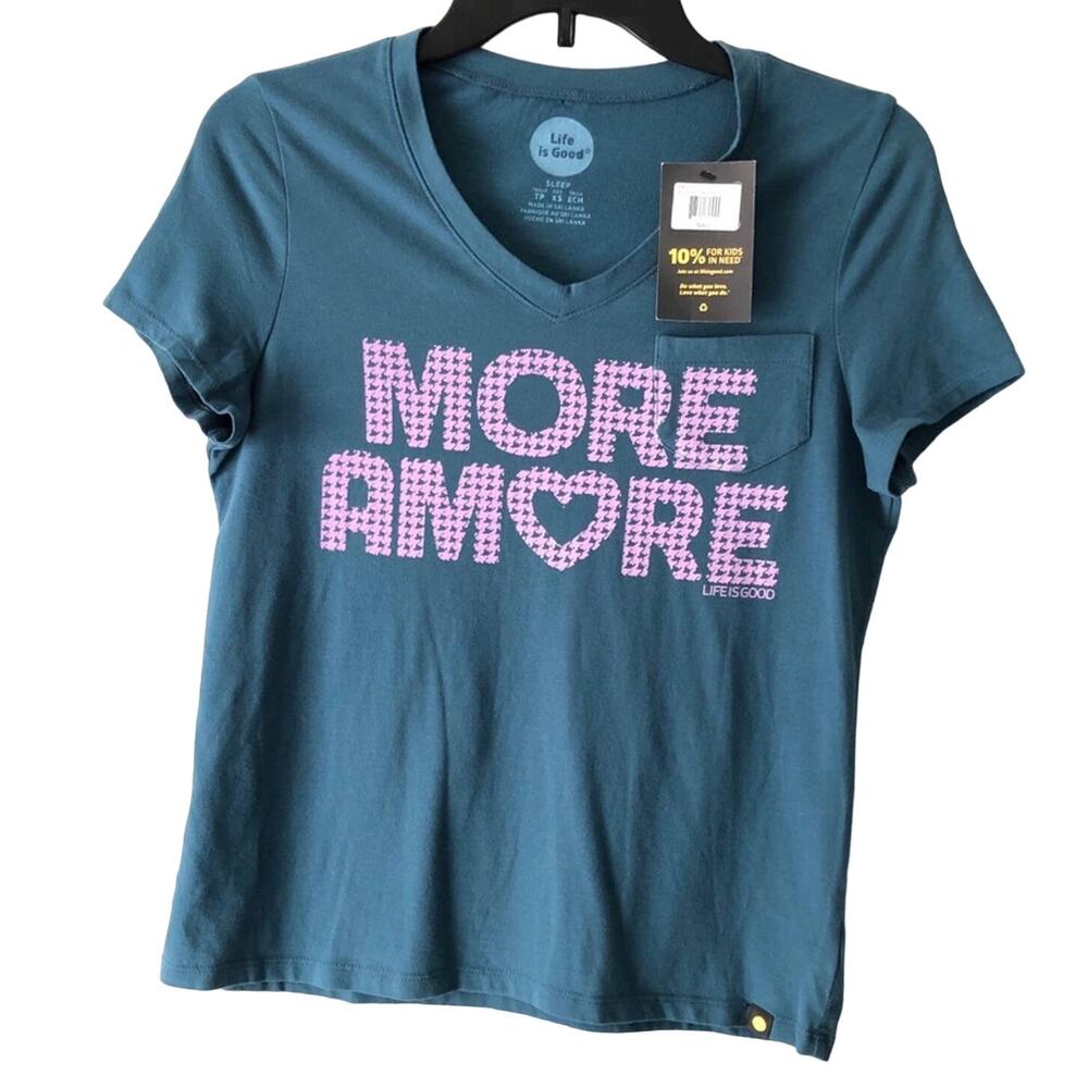Life Is Good Green Blue Purple Pink Letters More Amore V-Neck Sleep T Shirt Top